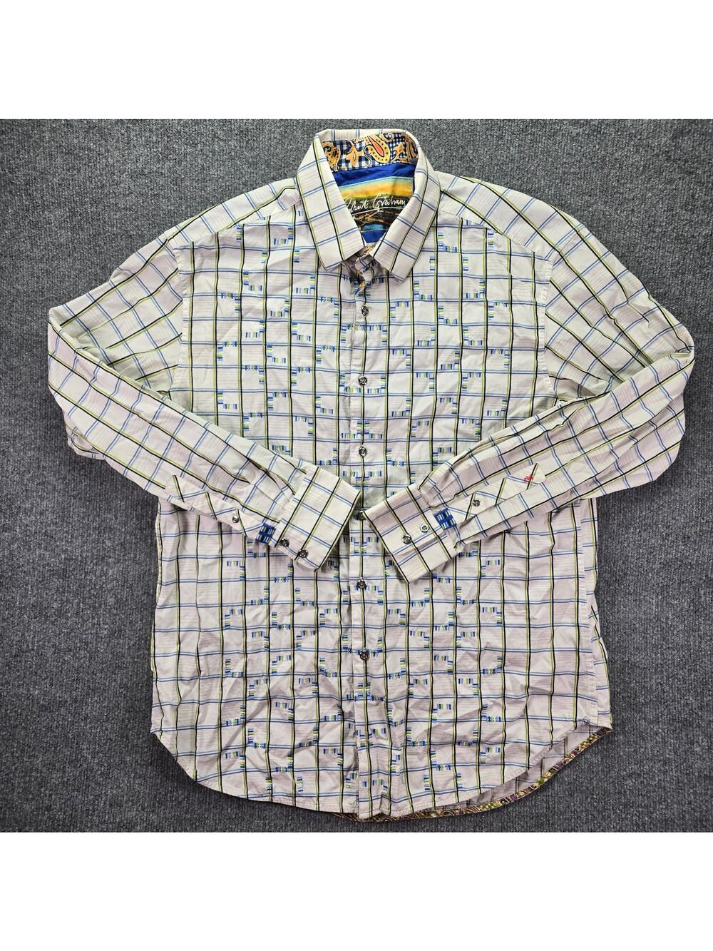 Robert Graham Shirt Mens XL White Blue Windowpane Plaid Flip Cuff Long Sleeve